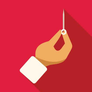 Doktor eli küçük bir tıbbi iğne tutuyor. Damlası var. Düz tasarım simgesi.