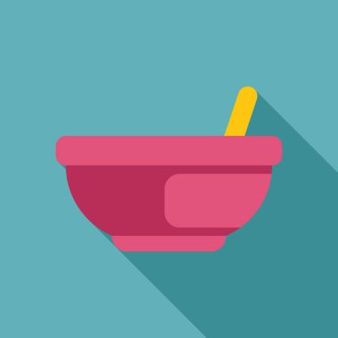 Doldurulmayı bekleyen sarı kaşıklı pembe boş bebek kasesi, uzun gölgeli düz tasarım ikonu.