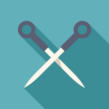 Keskin makas kesişen bıçaklar simgesi düz stil ve turkuaz arkaplan üzerinde uzun gölge
