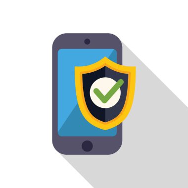 Akıllı telefon bir güvenlik kalkanı, bir kontrol işareti ve mobil güvenlik konseptiyle korunuyor.