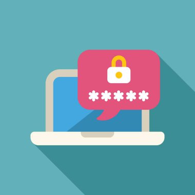 Laptop düz dizayn tarzında asma kilit sembollü bir parola istiyor.