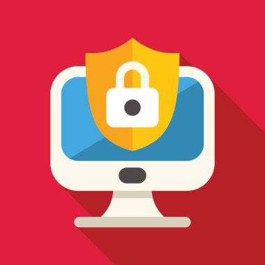 Bilgisayar bir kalkan ve kilit ile korunuyor. Çevrimiçi güvenlik ve veri korumasını simgeliyor.