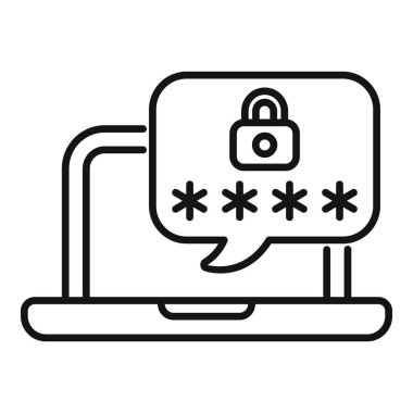 Laptop, çevrimiçi güvenlik ve veri şifrelemesini temsil eden bir konuşma balonunda bir kilit ve yıldız işareti ile parola koruması gösteriyor