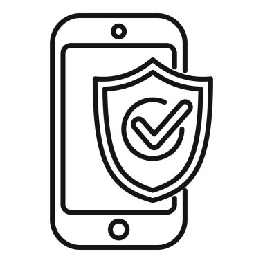 Mobil güvenlik kavramını gösteren işaretli kalkanlı akıllı telefonu gösteren basit bir vektör