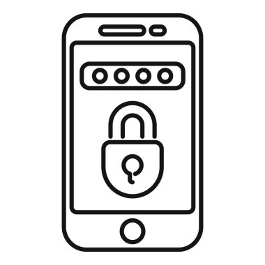 Mobil güvenlik ve veri korumasını temsil eden ekranda kapalı kilidi olan bir akıllı telefonun basit satır simgesi