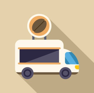 Beyaz kahve kamyonu, üzerinde kahve çekirdeği tabelası olan sokak yemekleri sunuyor.