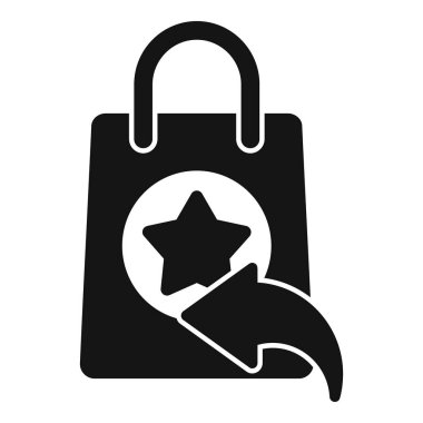 Bir alışveriş çantasının siyah silueti bir yıldız ve geri al oku, geri ödeme ya da takas için geri ödeme kavramını sembolize ediyor.