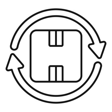 Dairesel oklarla çevrili bir paketin basit doğrusal simgesi, geri dönüş, geri ödeme veya ters lojistik kavramını sembolize ediyor