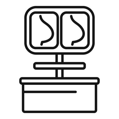 Tıbbi ekipmanların çizgi simgesi ekranda bir mide röntgeni gösteriyor, sağlık ve tanı hizmetlerini temsil ediyor.