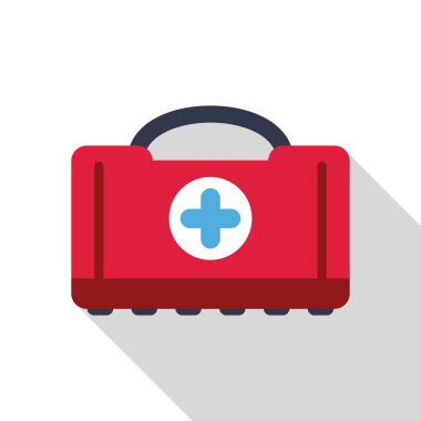 Mavi haç sembollü kırmızı ilk yardım çantası simgesi uzun bir gölgeyle düz duruyor