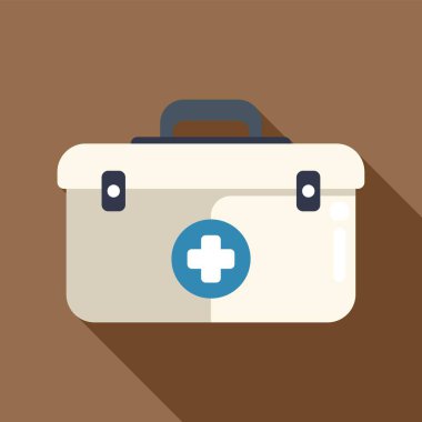 Beyaz ilk yardım kiti kapalı, mavi bir haç sembolü gösteriyor, düz dizayn edilmiş, uzun gölgeli.