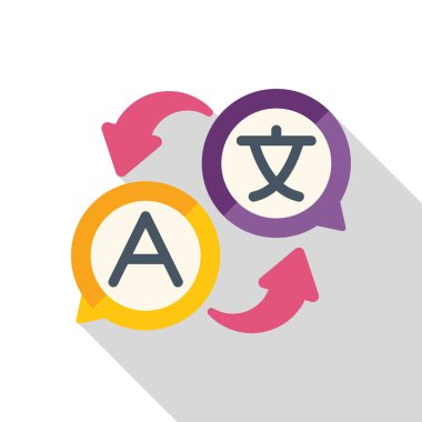 Farklı alfabeler ve değiş tokuş okları içeren konuşma kabarcıkları ile dil çevirisini temsil eden renkli simge