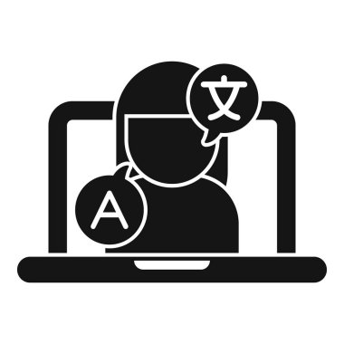 Dil öğrenme uygulaması veya web sitesi için siyah simge, dizüstü bilgisayarında yeni bir dil okuyan bir kadın içeriyor