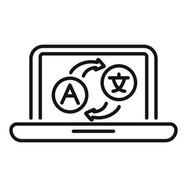 Dizüstü bilgisayar, dil çeviri uygulamasını sembolize eden oklarla birlikte gösterir