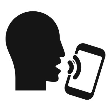 Bir insan kafasının siluetinin ses dalgalı akıllı bir telefona konuşmasının siyah ve beyaz vektör çizimi