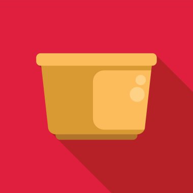 Sarı plastik bir kovanın yer aldığı minimalist bir illüstrasyon, canlı kırmızı arka planda uzun bir gölge bırakıyor.