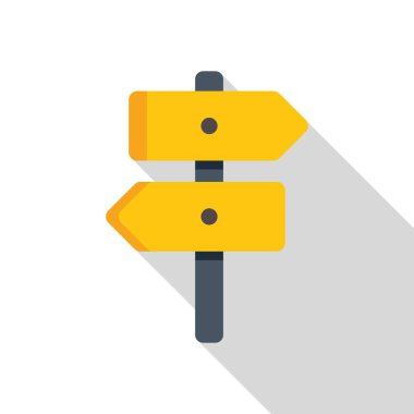 İki farklı yönü gösteren boş bir sarı işaret direğinin bu minimalist grafik simgesi, uzun gölgeli beyaz bir arka plana karşıdır.