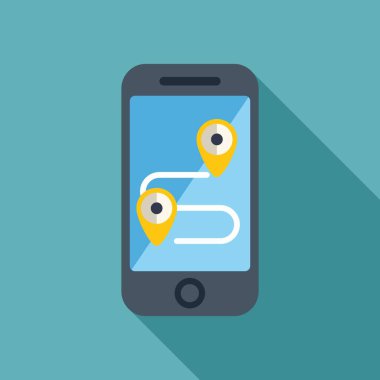 Akıllı telefon ekranında iki konum lobut, navigasyon ve izleme konsepti olan yolu gösteriyor