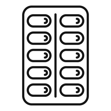 Kesik çizgili yuvarlak haplar içeren, ilaç ya da takviyeleri temsil eden basit bir çizgi resim simgesi.