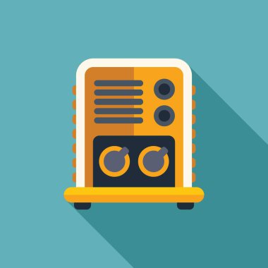 Tuşları ve tuşları olan radyo alıcısı mavi arkaplanda uzun gölgeli yayın müziği