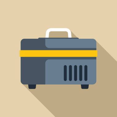 Taşınabilir buzdolabı yolculuk sırasında yiyecek ve içecekleri soğuk tutuyor. Uzun gölgeli düz tasarım ikonu.