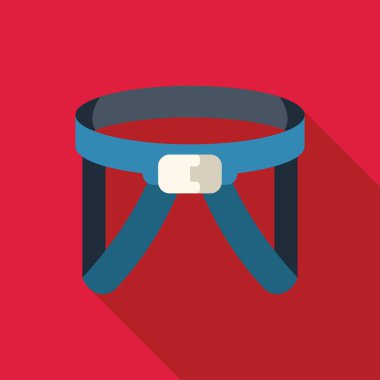 Kırmızı arka planda uzun gölgeli mavi tırmanma takımı, dağcılar için güvenlik ekipmanlarını temsil ediyor