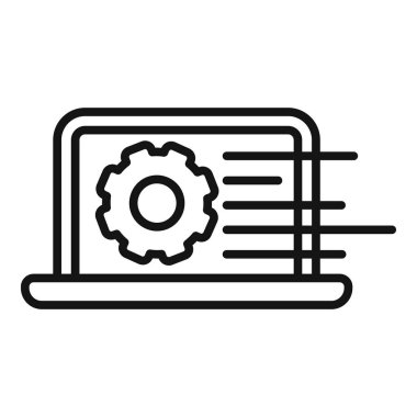 Çalışan işleme sistemini dönen dişli, verimli iş akışını ve otomasyonu sembolize eden bir dizüstü bilgisayarın satır sanatı vektörü