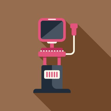 Kahverengi arka planda uzun gölgesi olan pembe ultrason makinesi teşhis için tıbbi görüntülemeyi temsil ediyor.