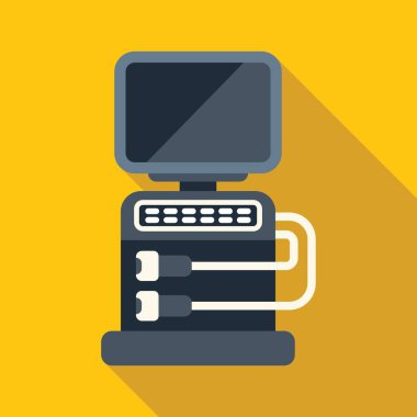 Boş ekranlı, kablolu ve transformatörlü bir ultrason cihazının canlandırması, canlı sarı bir arka plana ayarlanmış.