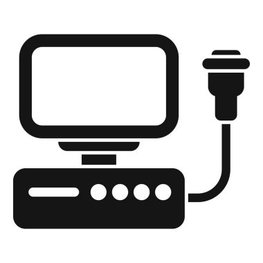 Bu siyah ve beyaz vektör ikonu, genellikle hastane ve kliniklerde tıbbi görüntüleme için kullanılan bir ultrason makinesini temsil ediyor.