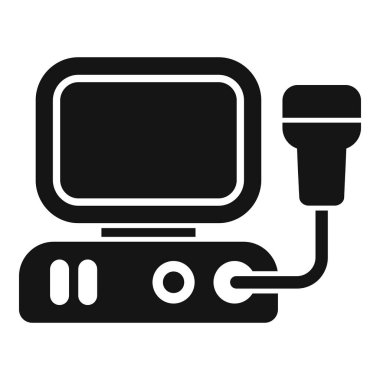 Ultrason makinesi siyah bir ekran gösteriyor ve bir dönüştürücüye bağlı, tıbbi görüntüleme teknolojisini sembolize ediyor.