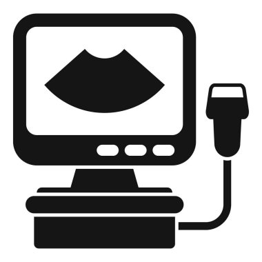 Doğum öncesi bakımı ve teşhisi temsil eden bir fetüsü gösteren ultrason makinesinin siyah beyaz simgesi