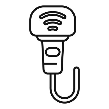 Asılı kancası olan kablosuz bir barkod tarayıcısının basit bir taslak simgesi, ticaret ve perakende tasarımları için ideal