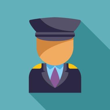 Üniformalı ve şapkalı sürücü, turkuaz arka planda uzun gölgeli duruyor.