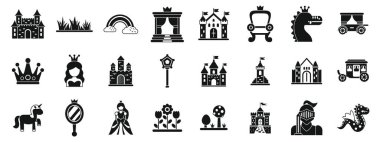 Peri masalı prenses kalesi ikonları. Bu ikonlar bir peri masalı krallığını kaleler, bir prenses, bir şövalye ve sihirli yaratıklarla temsil ediyor.