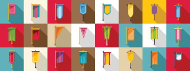 Pennon pole icons set. Set of colorful medieval flags, often seen at tournaments or historical reenactments clipart