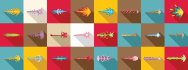 Lazer silah atışı ikonları ayarlandı. Farklı fantezi saldırıları gösteren çizgi film büyüsü yörünge simgeleri koleksiyonu