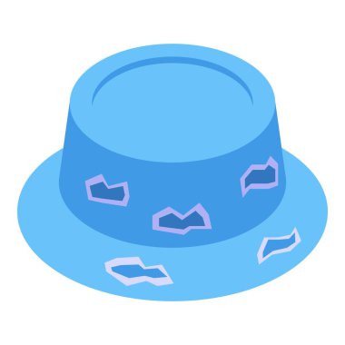 Düz bir taç ve geniş, aşağı eğimli bir kenarı olan mavi kova şapka, yamalı sıkıntılı bir tasarım içerir