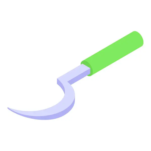 stock vector This isometric icon represents a garden sickle with a green handle, a sharp blade, and a pointed tip