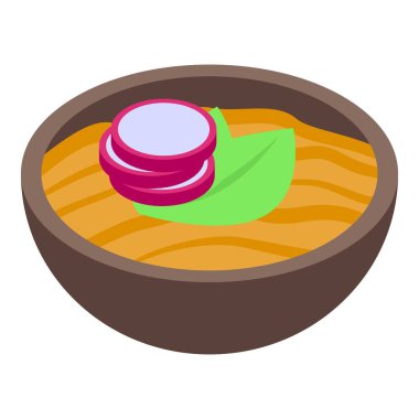 Bu izometrik ikon, yiyecek ve içecek projeleri için mükemmel taze turp ve ıspanakla süslenmiş, dumanı tüten bir çorba kasesine sahip.