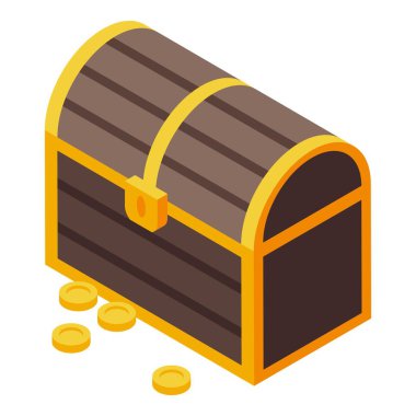 Altın sikkelerle dolu kapalı ahşap sandık izometrik ikon, korsan sembolü