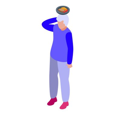 Baş izometrik ikonda yemek tepsisi taşıyan kıdemli bir adam, restoran işçisi konsepti.