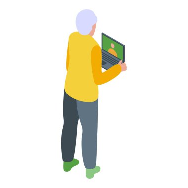 Yaşlı bir kadın elinde dizüstü bilgisayarla ayakta duruyor ve biriyle video görüşmesi yapıyor.