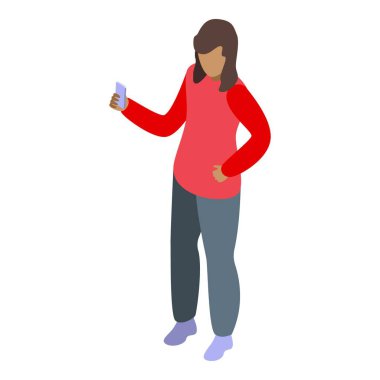 Genç bir kadın elinde akıllı telefonuyla dikilip izometrik bir fotoğraf çekiyor.