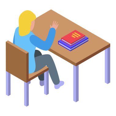 Liseli kız masasında otururken elini kaldırıyor, bu izometrik illüstrasyonda kitaplar üst üste istiflenmiş.