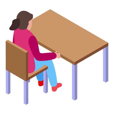 Liseli kız bu izometrik resimde masasında oturuyor.