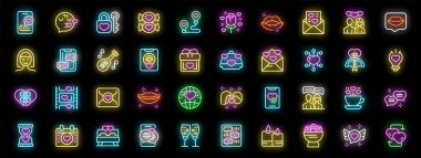 Aşk, romantizm ve ilişkilerin sembollerinin yer aldığı parlak neon simgeler