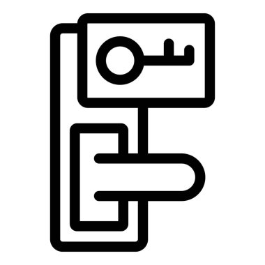 Bu basit ve net simge, giriş, güvenlik ve mahremiyeti sembolize eden anahtar delikli bir otel kapı kolunu temsil ediyor.