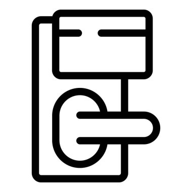 Elektronik bir otelin kapı kilidinin basit bir simgesi. Beyaz arkaplanda siyah çizgiler olan bir anahtar kartı kullanıyor.