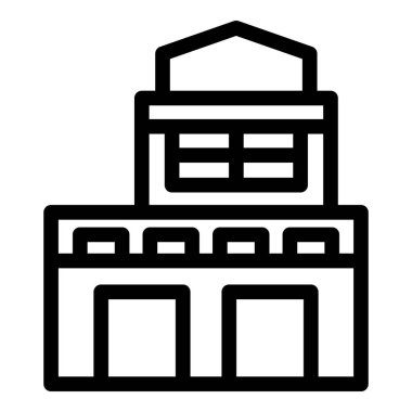 Geniş pencereli ve garaj kapılı modern iki katlı bir binayı temsil eden basit çizgi simgesi